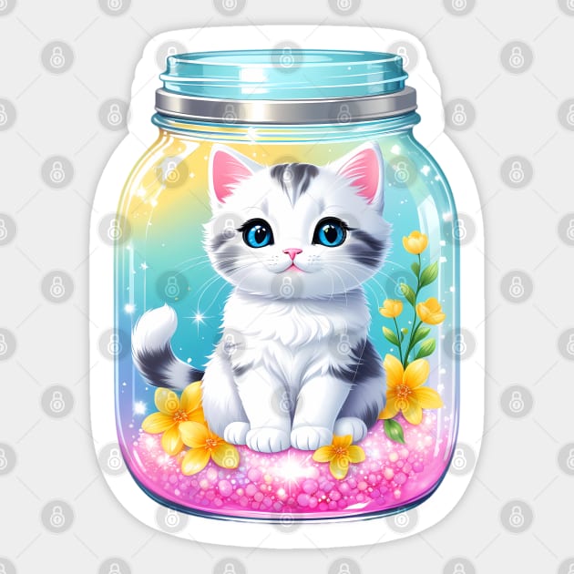 Cute Kawaii Cat With Beautiful Flowers In Mason Jar Sticker by HappyDigitalPOD